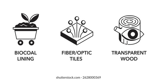 Ícones ou emblemas de materiais de construção inovadores - Madeira transparente, revestimento de carvão biológico, telhas de fibra e óptica. Pictogramas de rotulagem monocromática