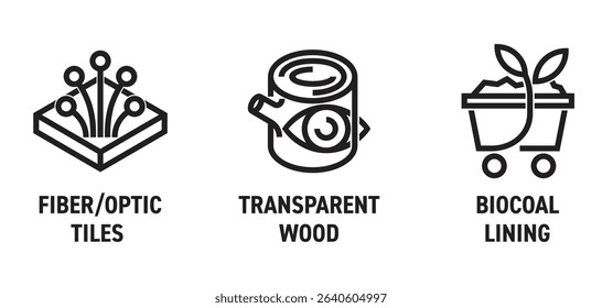 Innovative building materials icons or emblems - Transparent wood, Biocoal lining, Fiber and Optic tiles. Pictograms for labeling in bold line
