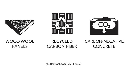 Innovative building materials icons - Wood wool panels, Recycled carbon fiber, Carbon-negative concrete. Pictograms or logos in monochrome style