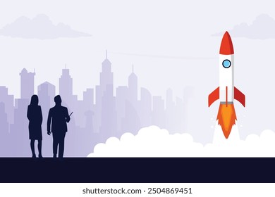 Innovative business development silhouette background. Startup project management vector illustration poster design template