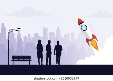 Innovative business development silhouette background. Startup project management vector illustration poster design template