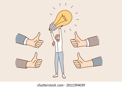 Innovative business idea and approval concept. Young caucasian positive business woman cartoon character standing holding light bulb above in hands feeling approval of colleagues vector illustration 