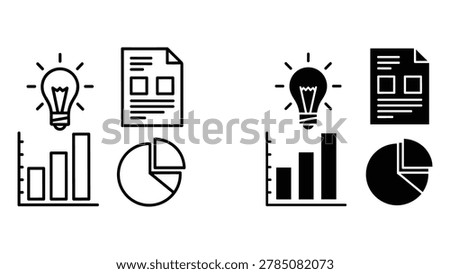 Innovative business idea lightbulb and report chart icon set for presentations
