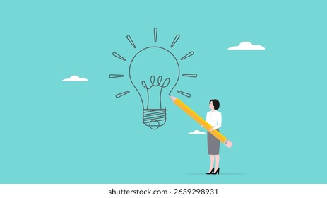 innovative business idea, provide education or expertise to the team to achieve mutual success, professional business woman drawing light bulb idea using pencil concept illustration