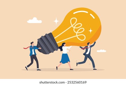 Innovative business idea for team success, business innovative solution, community or invention help company achieve goal concept, business people teamwork help carry big smart lightbulb innovation.