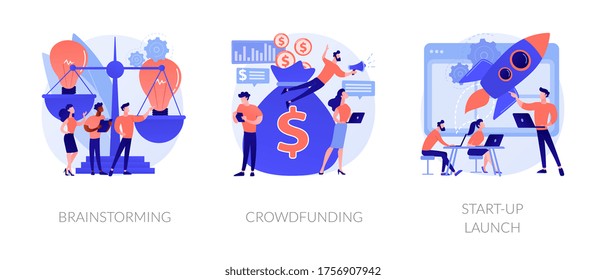 Innovative business ideas implementation and teamwork. Company personnel meeting. Brainstorming, crowdfunding, start-up launch metaphors. Vector isolated concept metaphor illustrations