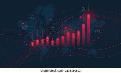 Innovative business information processing and unstructured big data analysis, database organization visualization, global finance analytics and statistics, world economic crisis, vector background