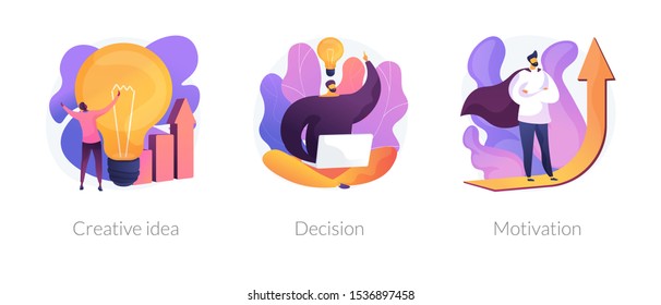 Iconos innovadores de estrategia empresarial. Brainstorm, desarrollo de soluciones problemáticas, crecimiento personal. Ideas creativas, decisiones, metáforas de motivación. Ilustraciones de metáforas conceptuales aisladas por vectores