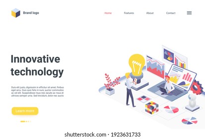 Innovative business teamwork technology isometric vector illustration. Cartoon 3d businessman team of characters brainstorm, research new idea innovation, upgrade business solution landing page