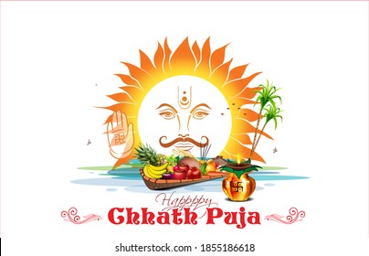 innovative Chhath Puja festival background, with sun, fruit bosket, diwali light and water pot. “Happy Chhath Pooja” calligraphy text. idea is, India people standing in river & worshipping Sun God.