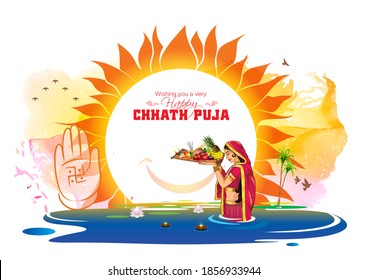innovative Chhath Puja festival background concept, idea. Women standing in water and worshipping God Sun with fruit basket in India with “Happy Chhath Puja” calligraphy text
