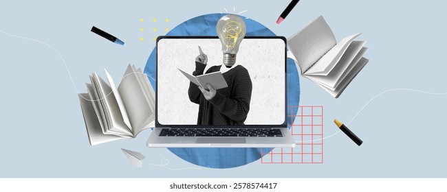 An innovative collage showing a person with a light bulb for a head, reading a book on a laptop surrounded by floating open books, perfect for educational and digital theme designs.