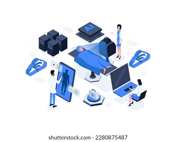 The innovative concept of healthcare involves an AI robot utilizing medical applications to examine a patient in a hospital: artificial intelligence in healthcare isometric illustration