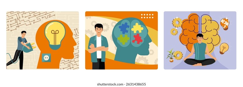 Conceito inovador. Simbolizar o pensamento criativo, o compartilhamento de conhecimento e a transferência de energia elétrica. Homem e cérebro humano preenchidos com peças coloridas do quebra-cabeça. Homem relaxado meditando em ioga. 