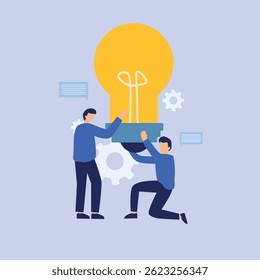  Conceito inovador de dois homens levantando grande lâmpada cercada por engrenagens. Ideal para tecnologia, inovação, trabalho em equipe e indústrias criativas