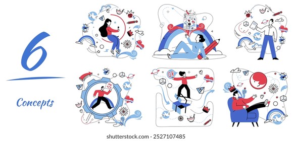 Ilustración vectorial de conceptos innovadores. Colabore de manera inteligente, convirtiendo la información en estrategias innovadoras y prácticas En el ámbito de los negocios, el logro florece a través de la innovación sinérgica