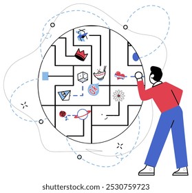 Ilustración vectorial de conceptos innovadores. El pensamiento original enciende la creatividad, convirtiendo los desafíos en triunfos Los conceptos innovadores crean metafóricamente puentes, conectando mentes para compartir