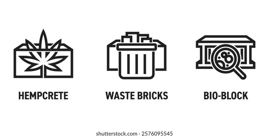 Innovative construction materials - algae based bio-block, hempcrete, waste based bricks. Icons or logos in bold line