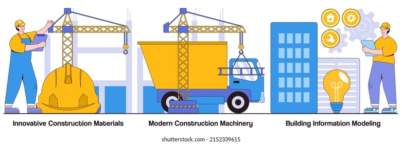Innovative construction materials, modern machinery, building information modeling concepts with people characters. Construction technology innovation illustrations pack. Project management metaphor.