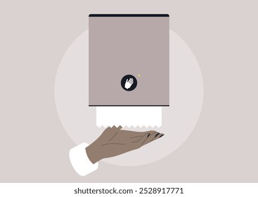 Dispensador de toalha de papel sem contato inovador projetado para banheiros modernos, melhorando a higiene e conveniência durante as horas ocupadas em espaços públicos