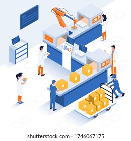 Innovative contemporary smart industry: product design, automated production line, delivery and distribution with people, industry 4.0 concept. Modern Flat Isometric Vector design