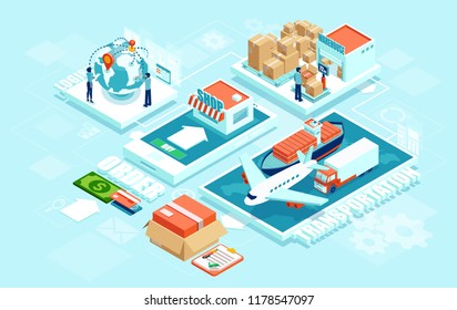 Innovative contemporary smart online order automated delivery logistics network distribution with people machinery: industry 4.0 infographic. Global shipping of cargo by air truck maritime transport