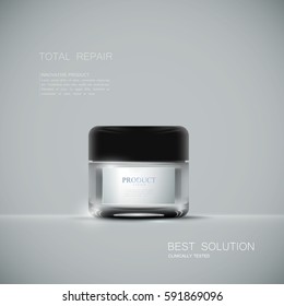 Innovative cosmetic product ads. Cosmetics package design. 3d vector beauty illustration. Moisturizing facial cream mask glass jar isolated on gray background. Beauty package mock-up