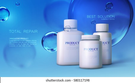 Innovative cosmetic products ads on the light blue bokeh background with sea water bubbles. Cosmetics package design. 3d vector beauty illustration