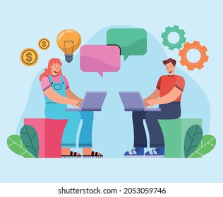 innovative couple using laptops characters