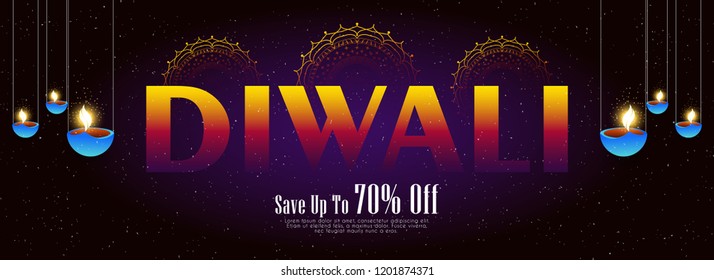 Innovative and creative header, banner or poster for Diwali save upto 70% Off with nice and creative design illustration, Diwali Banner.