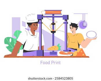 Innovative culinary technology concept. A chef and a customer explore a 3D food printing machine creating edible products. Future of gastronomy and food production. Vector illustration.