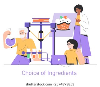 Innovative culinary technology concept. People using a 3D printer to create edible food. Modern kitchen invention, choice of ingredients. Vector illustration.