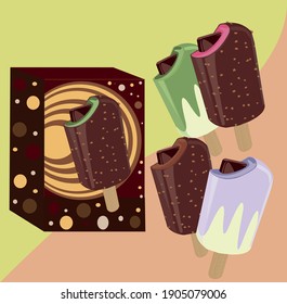 Innovative design of various strawberry, chocolate and peanut ice creams; accompanied by lemon and grape with their respective box full of circles
