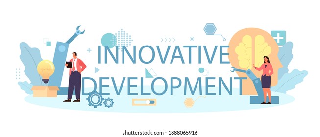 Innovative development typographic header. Idea of creative business solution. Modern production and marketing invention. Business mechanism development. Flat vector illustration