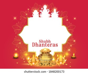 Innovative Dhanteras worship background with God, Goddess Maa Lakshmi with golden jewelry and family. Design for Indian dhanteras and Diwali festival celebration