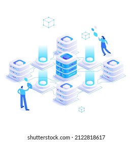 Innovative and digital technologies concept. Computing and processing data. Network connection and internet infrastructure. People work on futuristic equipment. Vector illustration in isometric view