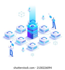 Innovative and digital technologies concept. Computing and processing data. Network connection and internet infrastructure. People work on futuristic equipment. Vector illustration in isometric view