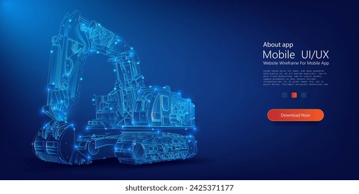 An innovative digital wireframe of an excavator glowing in blue, showcasing advanced engineering and technology concepts. Futuristic Excavator Design Concept with Digital Wireframe on Blue Background.