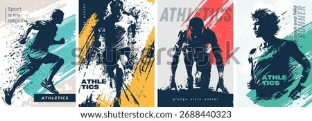 Innovative and Dynamic Athletics Posters Showcasing a Variety of Diverse Athletic Activities Grunge-style poster. Vector templates for postcards, posters, flyers, banners and other materials.