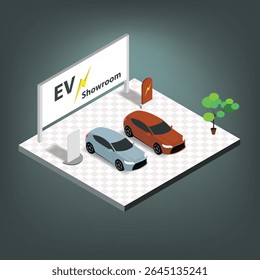 Innovative electric vehicle showroom display featuring two contemporary cars, a charging station, and eco-themed elements for a sustainable future concept.