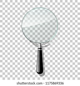 Innovative empty illustration 3d realistic loupe icon isolated on the Checkered backdrop. Creative banner illustration modern design magnifying glass logo for Zoom Tool with black handle with shadow