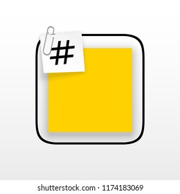 Innovative empty template against the White backdrop. Yellow flat paper Creative banner illustration hashtag in frame with clip. Yellow Color paper template modern typography hashtag design with clip