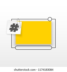 Innovative empty template against the White backdrop. Yellow flat paper Creative banner illustration hashtag in frame with clip. Yellow Color paper template modern typography hashtag design with clip
