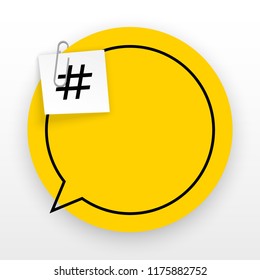Innovative empty template against the White backdrop. Yellow flat paper Creative banner illustration hashtag in frame with clip. Yellow Color paper template modern typography hashtag design with clip