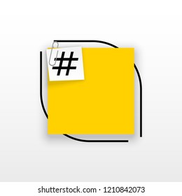 Innovative empty template against the White backdrop. Yellow flat paper Creative banner illustration hashtag in frame with clip. Yellow Color paper template modern typography hashtag design with clip