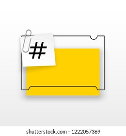 Innovative empty template against the White backdrop. Yellow flat paper Creative banner illustration hashtag in frame with clip. Yellow Color paper template modern typography hashtag design with clip