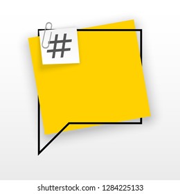 Innovative empty template against the White backdrop. Yellow flat paper Creative banner illustration hashtag in frame with clip. Yellow Color paper template modern typography hashtag design with clip