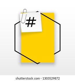 Innovative empty template against the White backdrop. Yellow flat paper Creative banner illustration hashtag in frame with clip. Yellow Color paper template modern typography hashtag design with clip