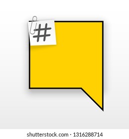 Innovative empty template against the White backdrop. Yellow flat paper Creative banner illustration hashtag in frame with clip. Yellow Color paper template modern typography hashtag design with clip