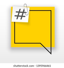 Innovative empty template against the White backdrop. Yellow flat paper Creative banner illustration hashtag in frame with clip. Yellow Color paper template modern typography hashtag design with clip